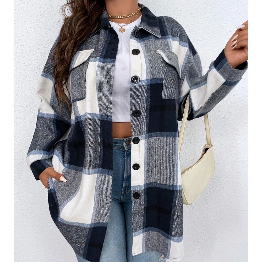 Plus Plaid Print Button Down jacket Shacket - Picture 6 of 10